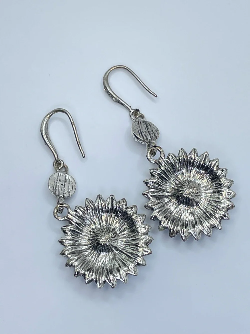 Black Crystal Sunburst Dangle Earrings Silver Tone Vintage Style